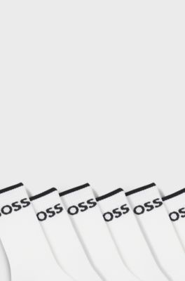Paquete de seis pares de calcetines cortos de algod&oacute;n acanalado, Blanco