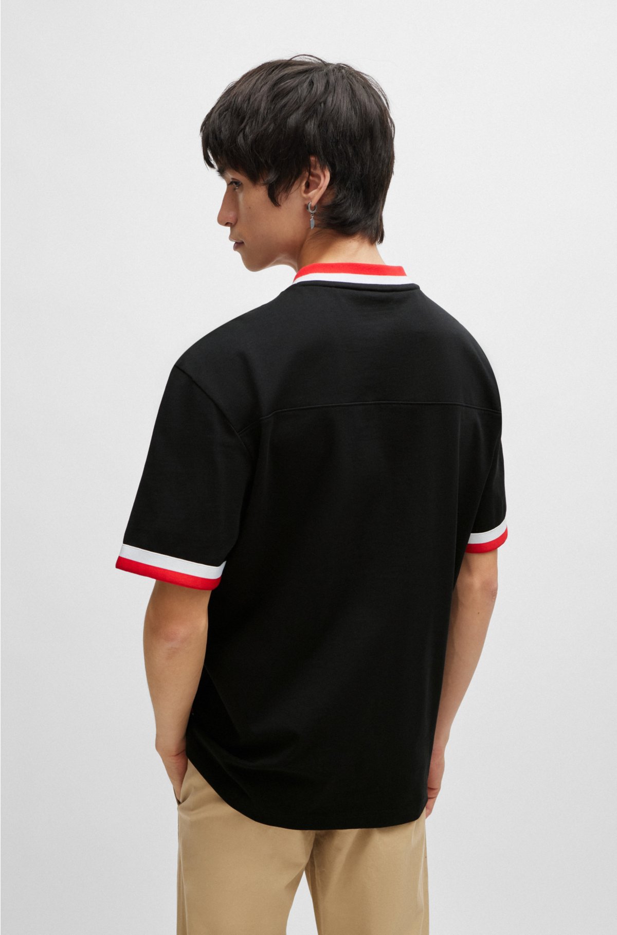 Cotton-jersey relaxed-fit T-shirt with sporty logo, Black