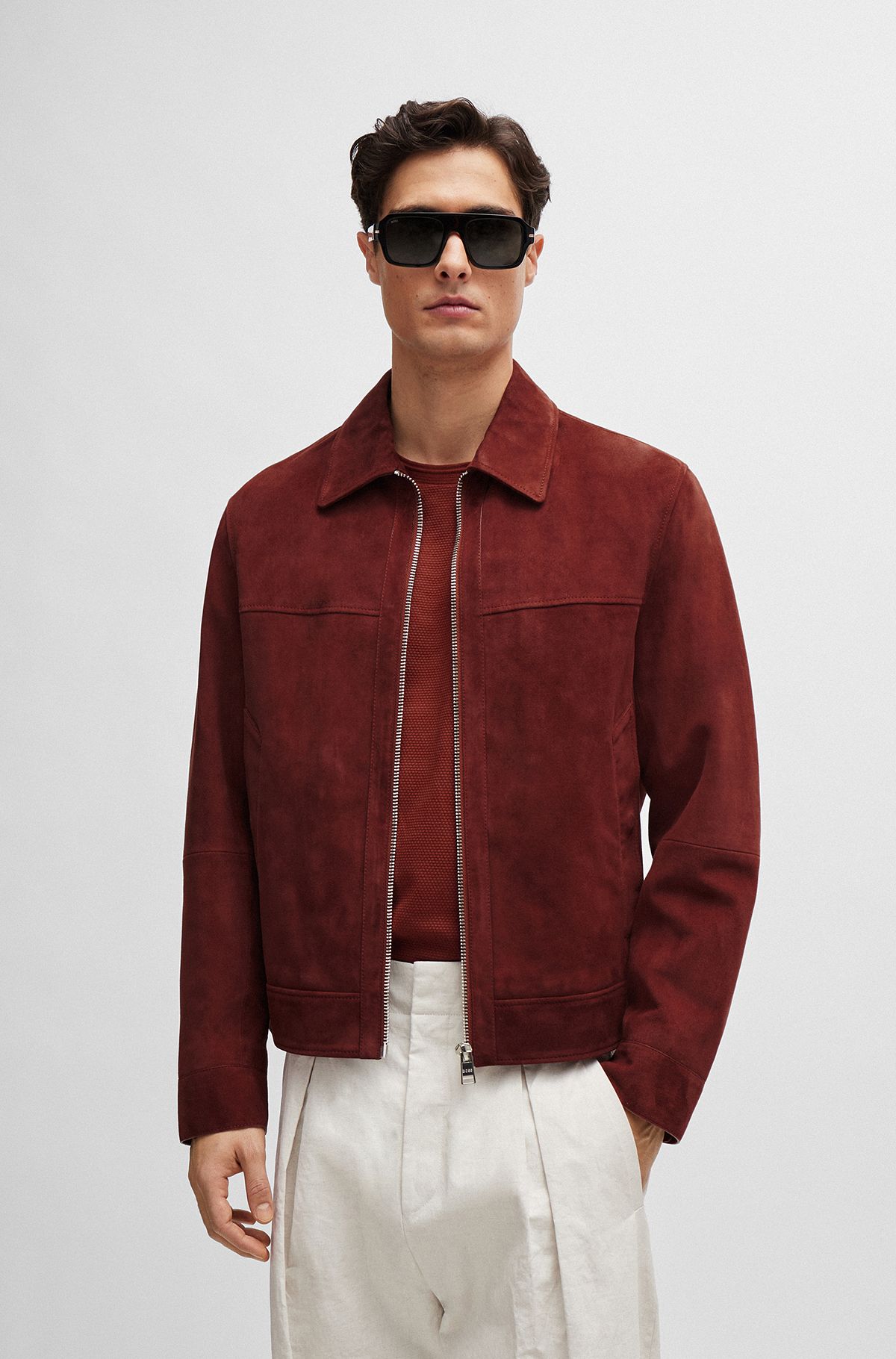 Regular-fit jacket in suede with two-way zip, Dark Red