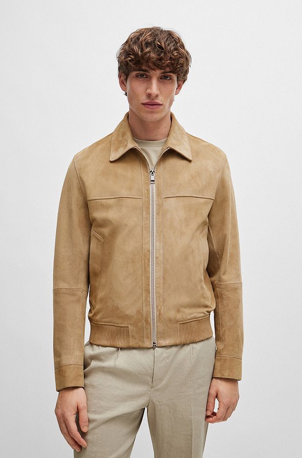 Regular-fit jacket in suede with two-way zip, Beige