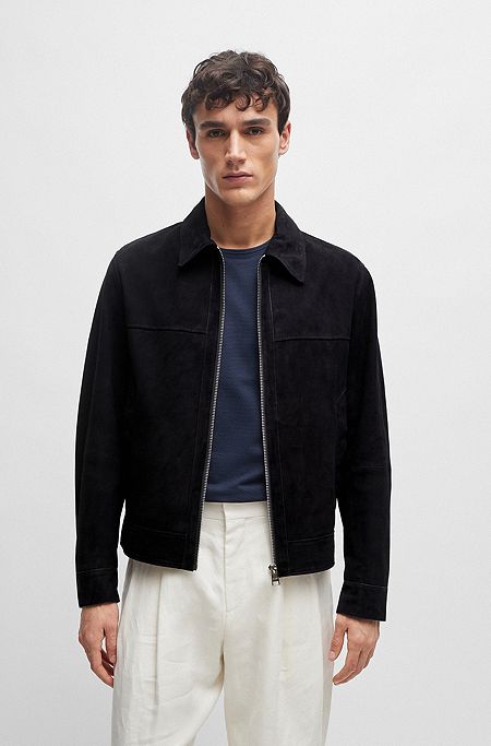 Regular-fit jacket in suede with two-way zip, Dark Blue