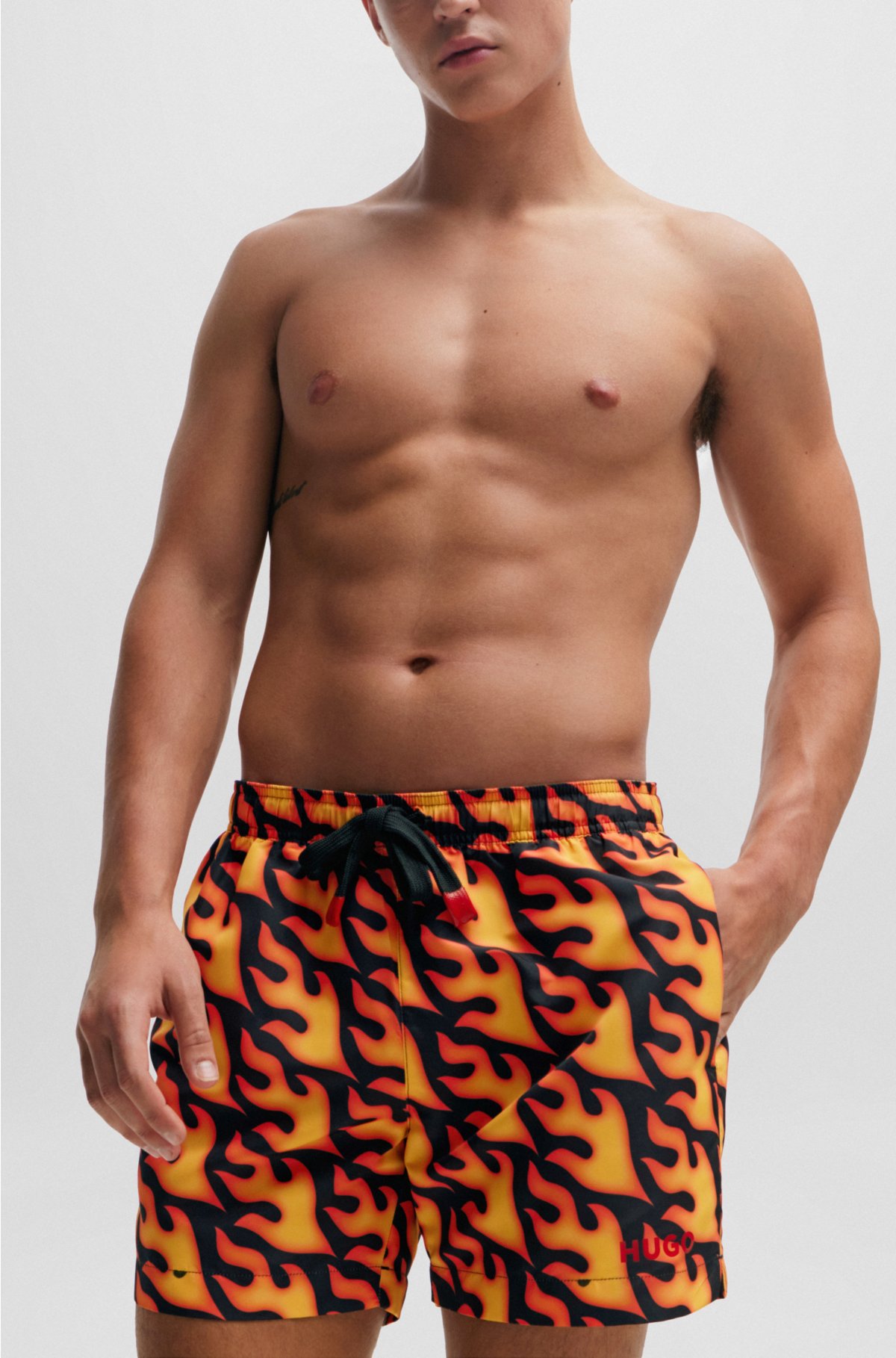 Swim shorts with flame print and logo, Red