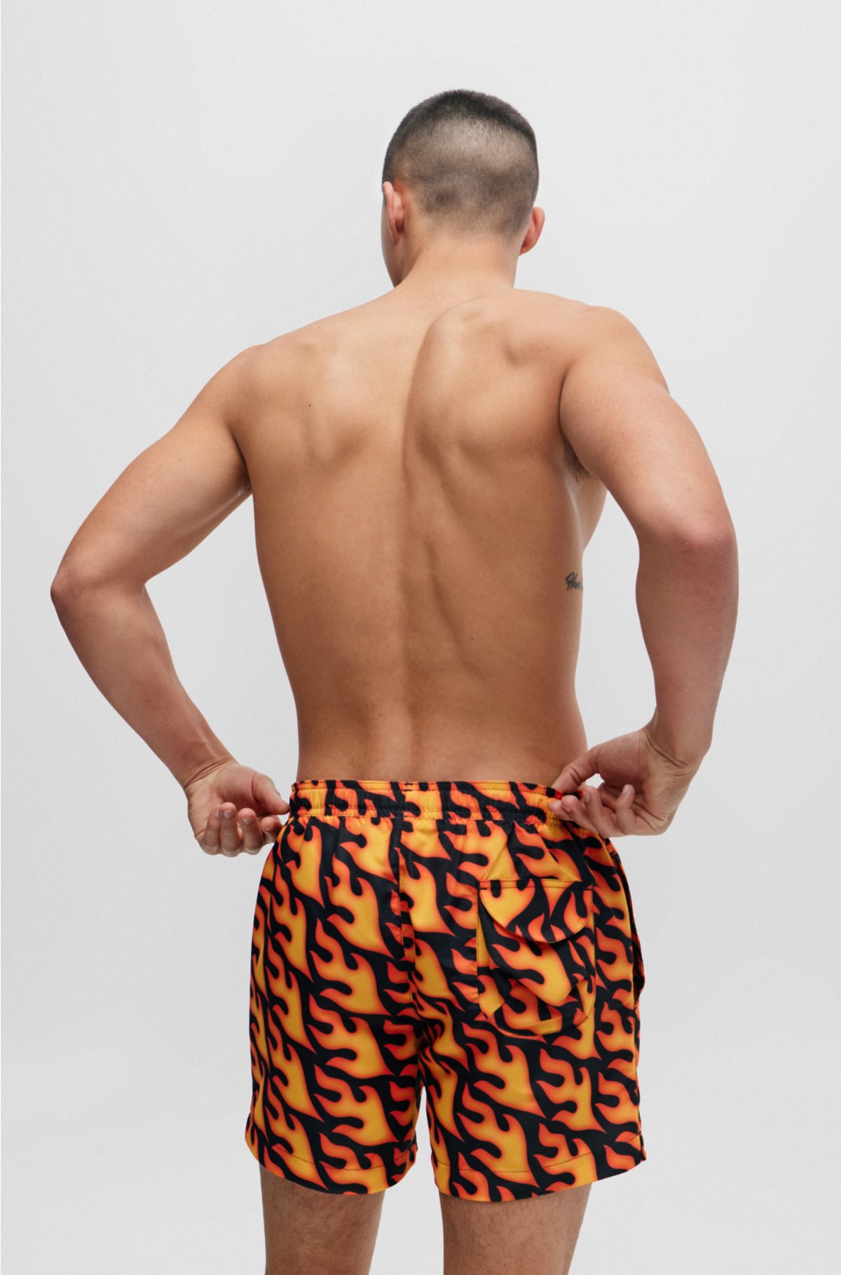 Swim shorts with flame print and logo, Red