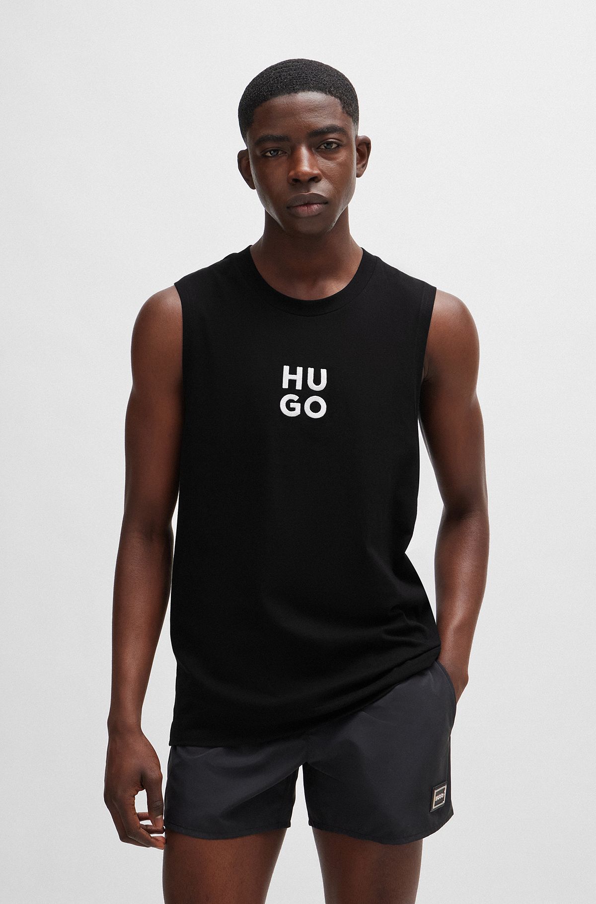 Cotton-jersey tank top with stacked logo embroidery, Black