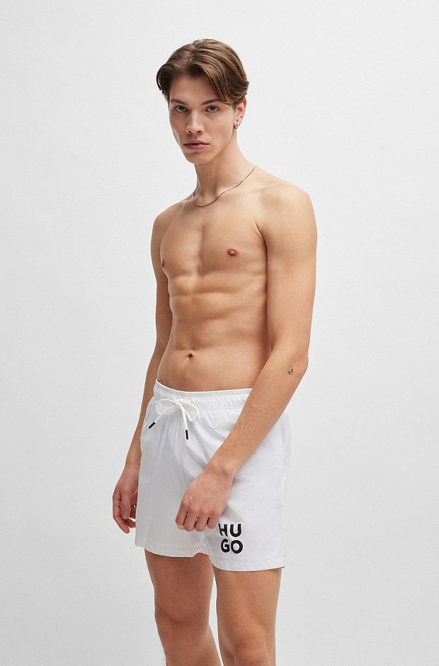 Quick-dry swim shorts with stacked-logo print, White