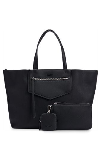 Grained shopper bag with detachable pouch, Black