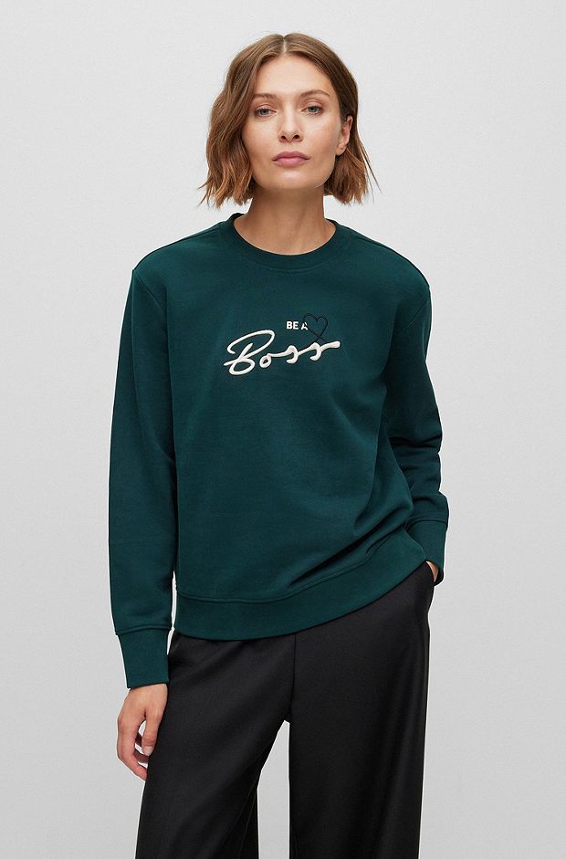 Cotton-terry sweatshirt with logo slogan, Dark Green