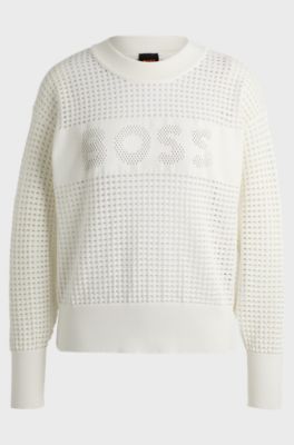 Open-knit sweater with logo detail, White