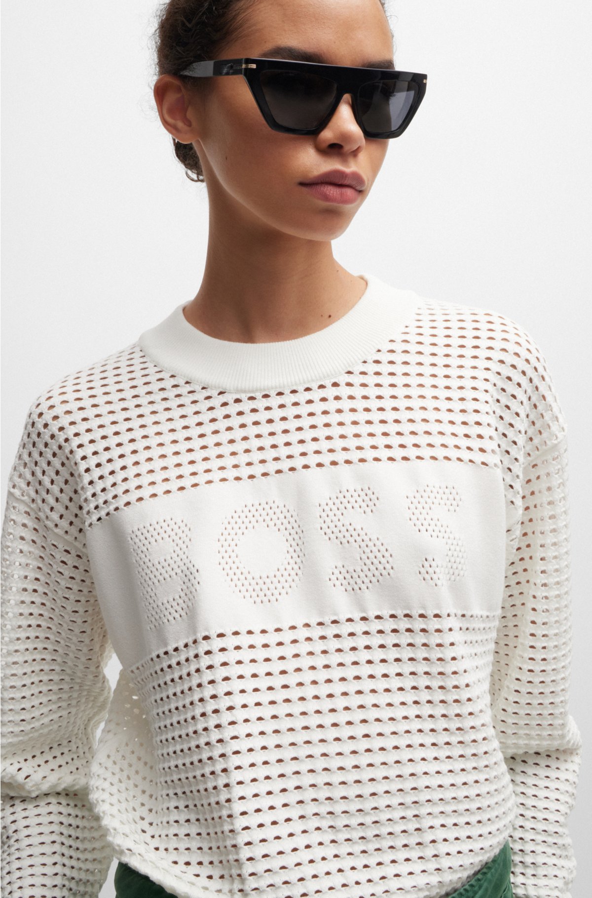Open-knit sweater with logo detail, White