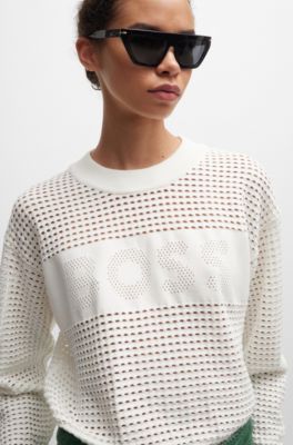 Open-knit sweater with logo detail, White
