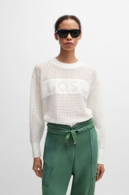 Open-knit sweater with logo detail, White