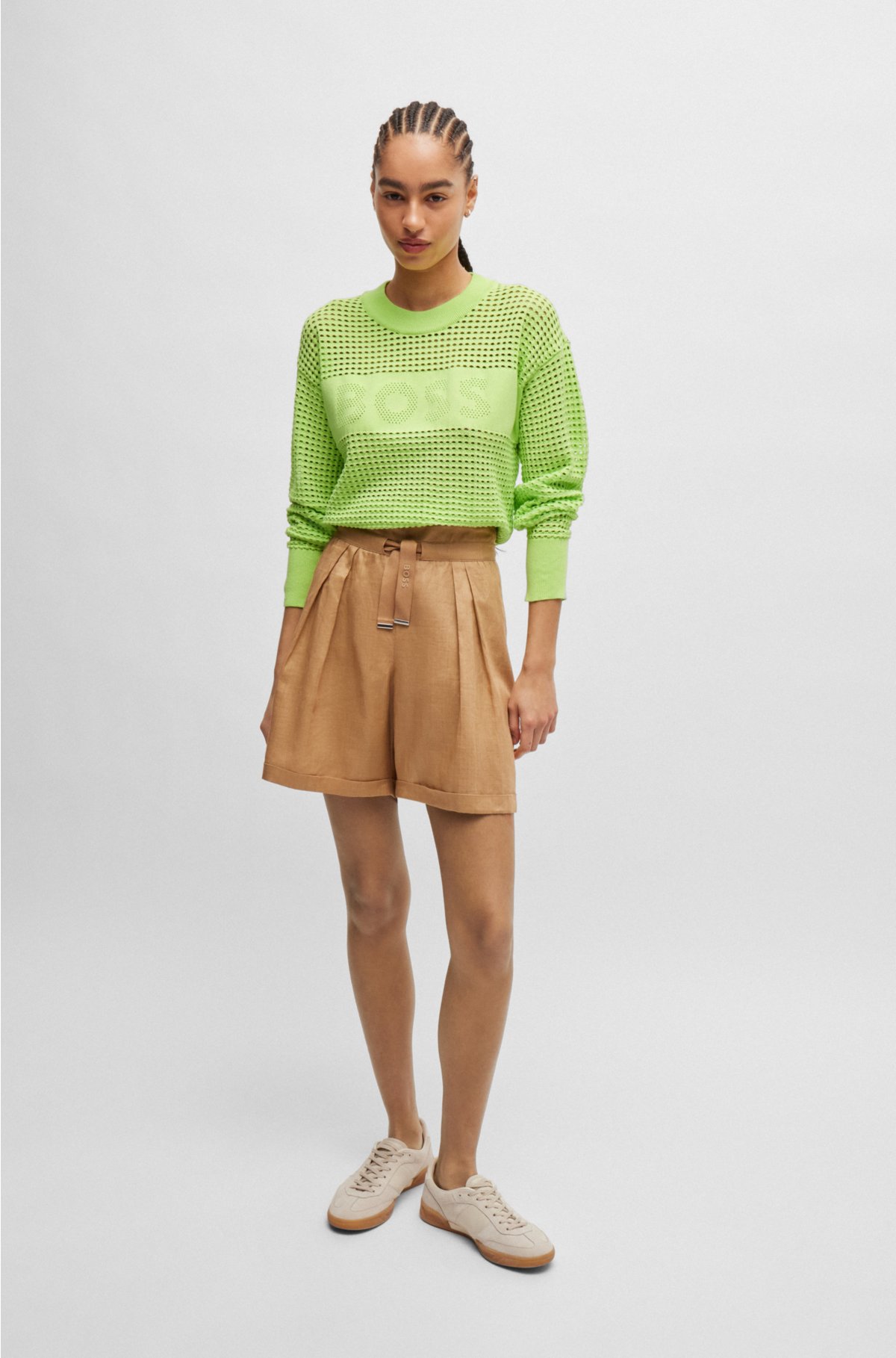 Open-knit sweater with logo detail, Neon Green