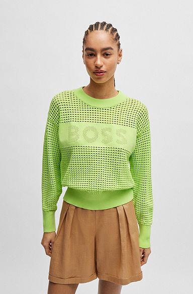 Open-knit sweater with logo detail, Neon Green