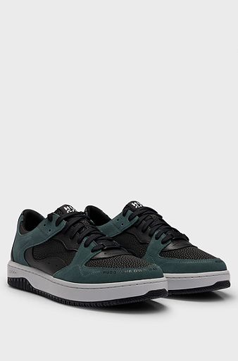 Lace-up trainers in faux leather and suede, Black