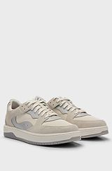 Lace-up trainers in faux leather and suede, White