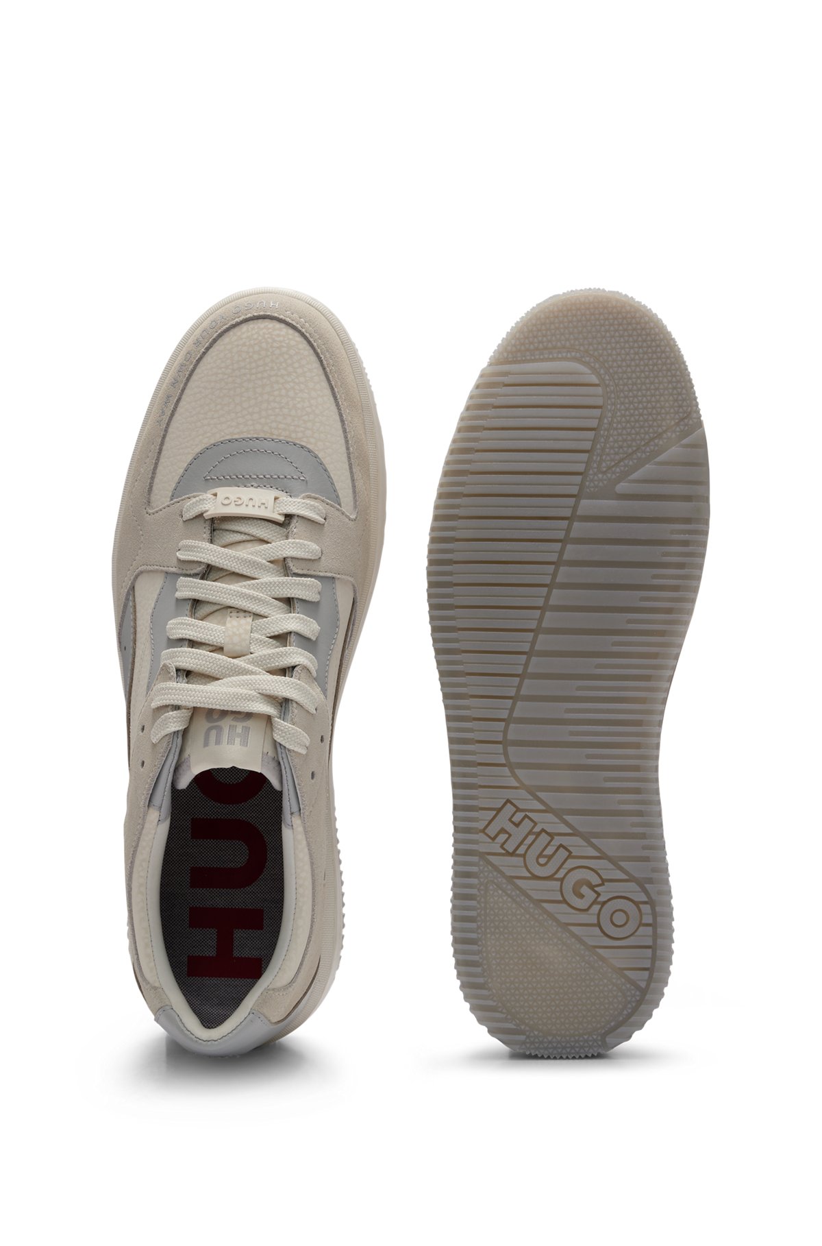 Lace-up trainers in faux leather and suede, White