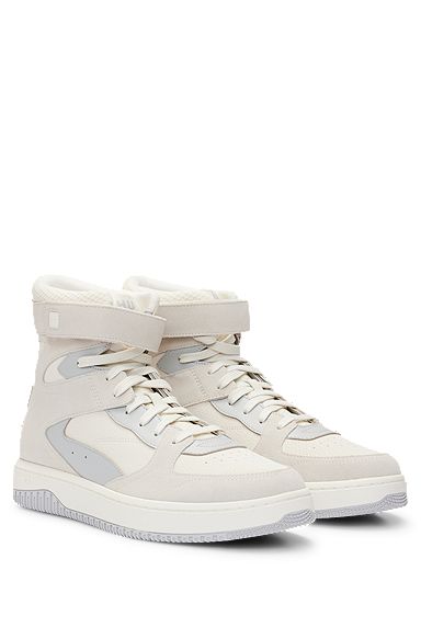 High-top trainers in leather and suede, Beige