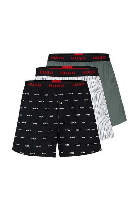 Three-pack of cotton boxer shorts with logo waistbands, Black / Dark Green