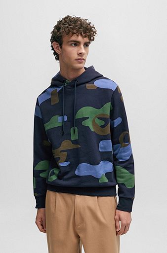 Mercerised-cotton regular-fit hoodie with seasonal pattern, Dark Blue