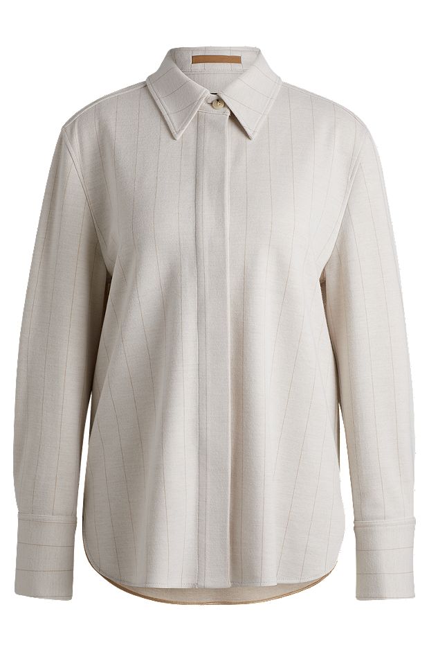 Regular-fit overshirt in pinstriped wool and cotton, Natural