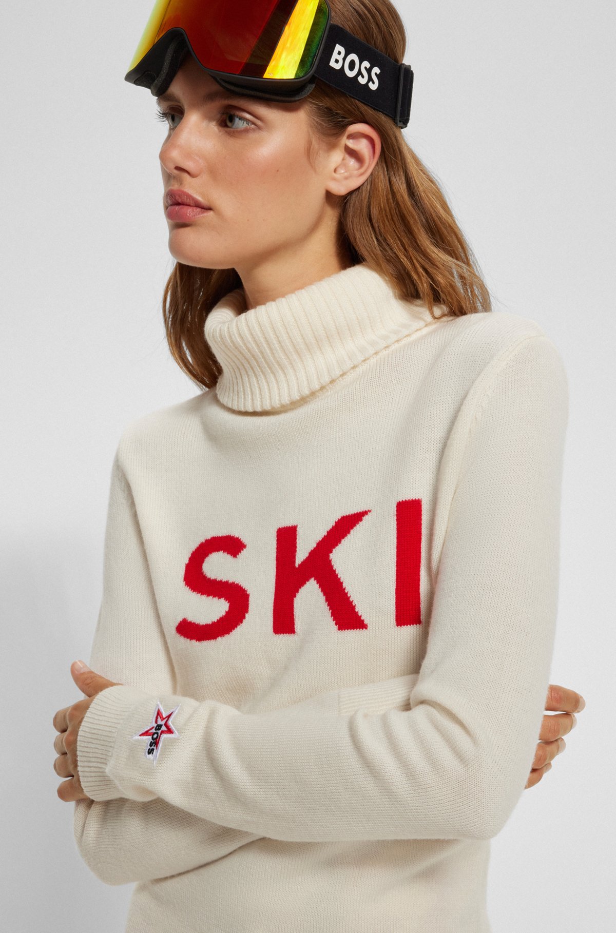 BOSS x Perfect Moment slogan sweater in virgin wool, White