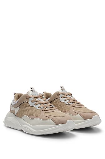 Mixed-material trainers with chunky outsole, Beige