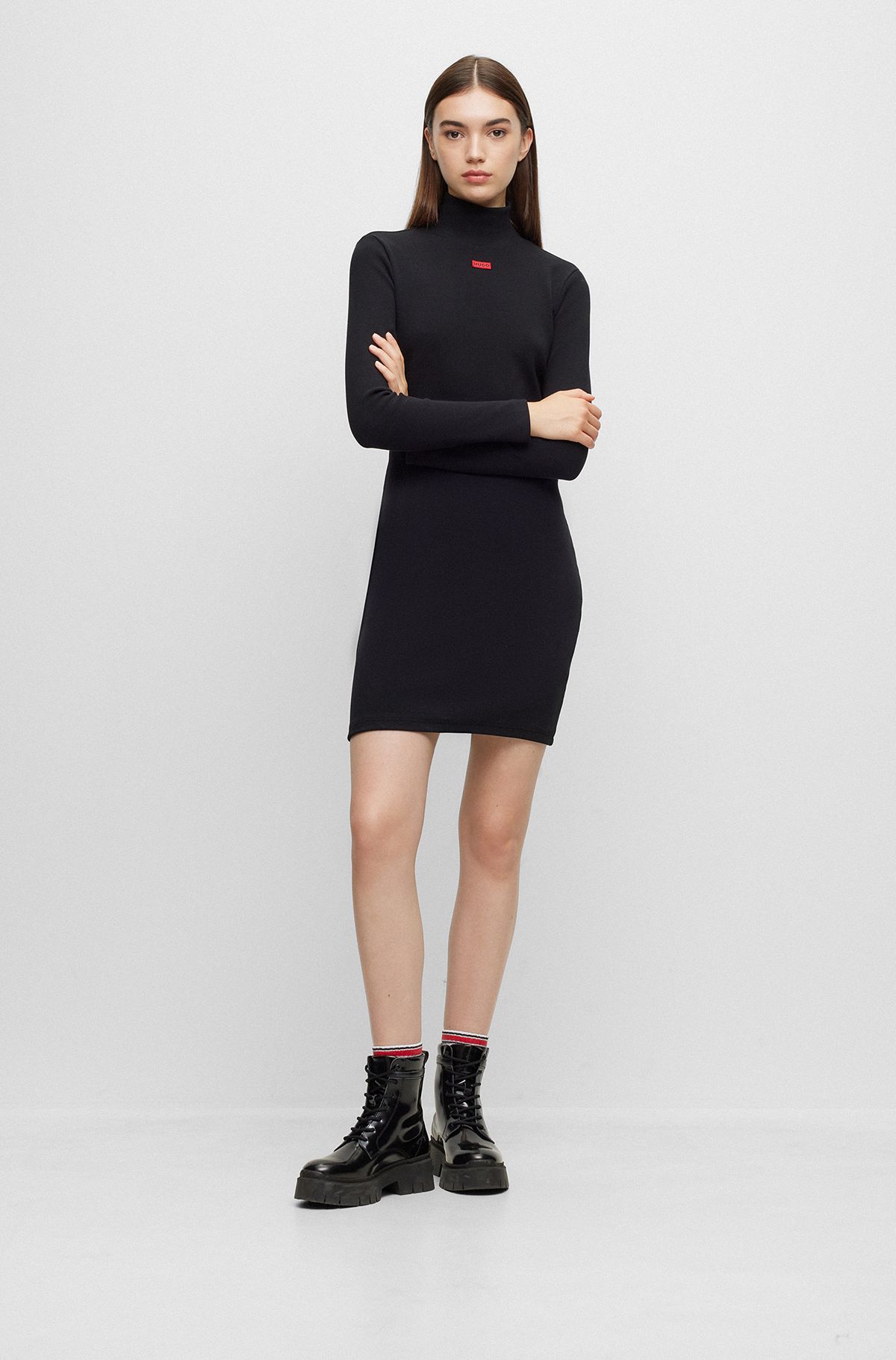 Long-sleeved dress with red logo label, Black