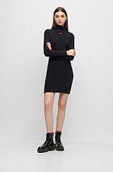 Long-sleeved dress with red logo label, Black