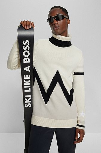 Pull en laine vierge BOSS x Perfect Moment avec rayures intarsia, Beige clair