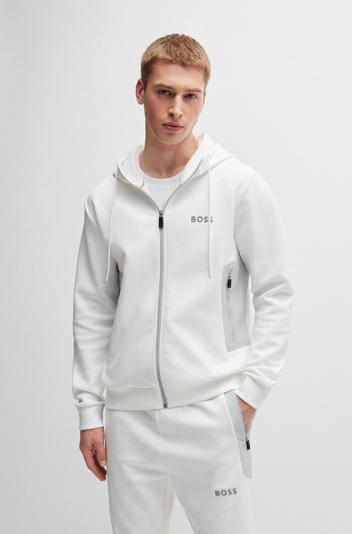 Cotton-blend zip-up hoodie with 3D-moulded logo, White