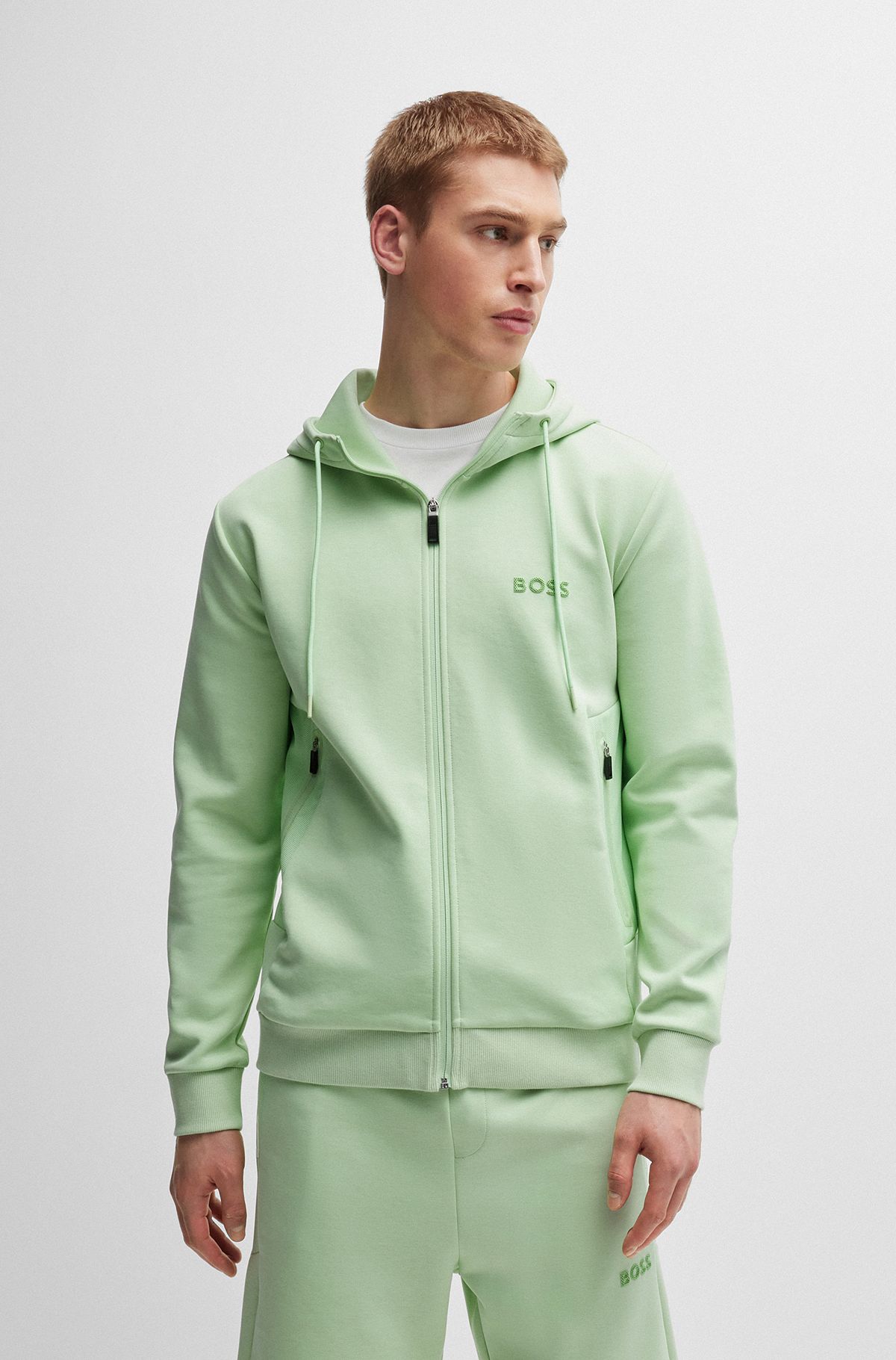 Cotton-blend zip-up hoodie with 3D-moulded logo, Light Green