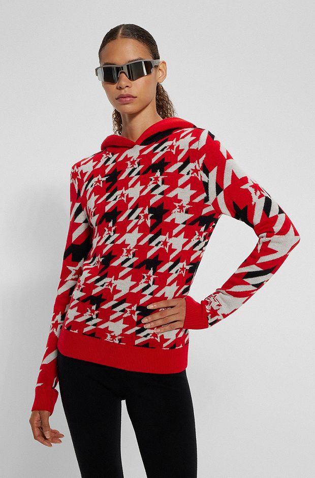 BOSS x Perfect Moment houndstooth hoodie in virgin wool, Red Patterned