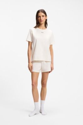 Stretch-cotton pyjama T-shirt with logo print, Natural
