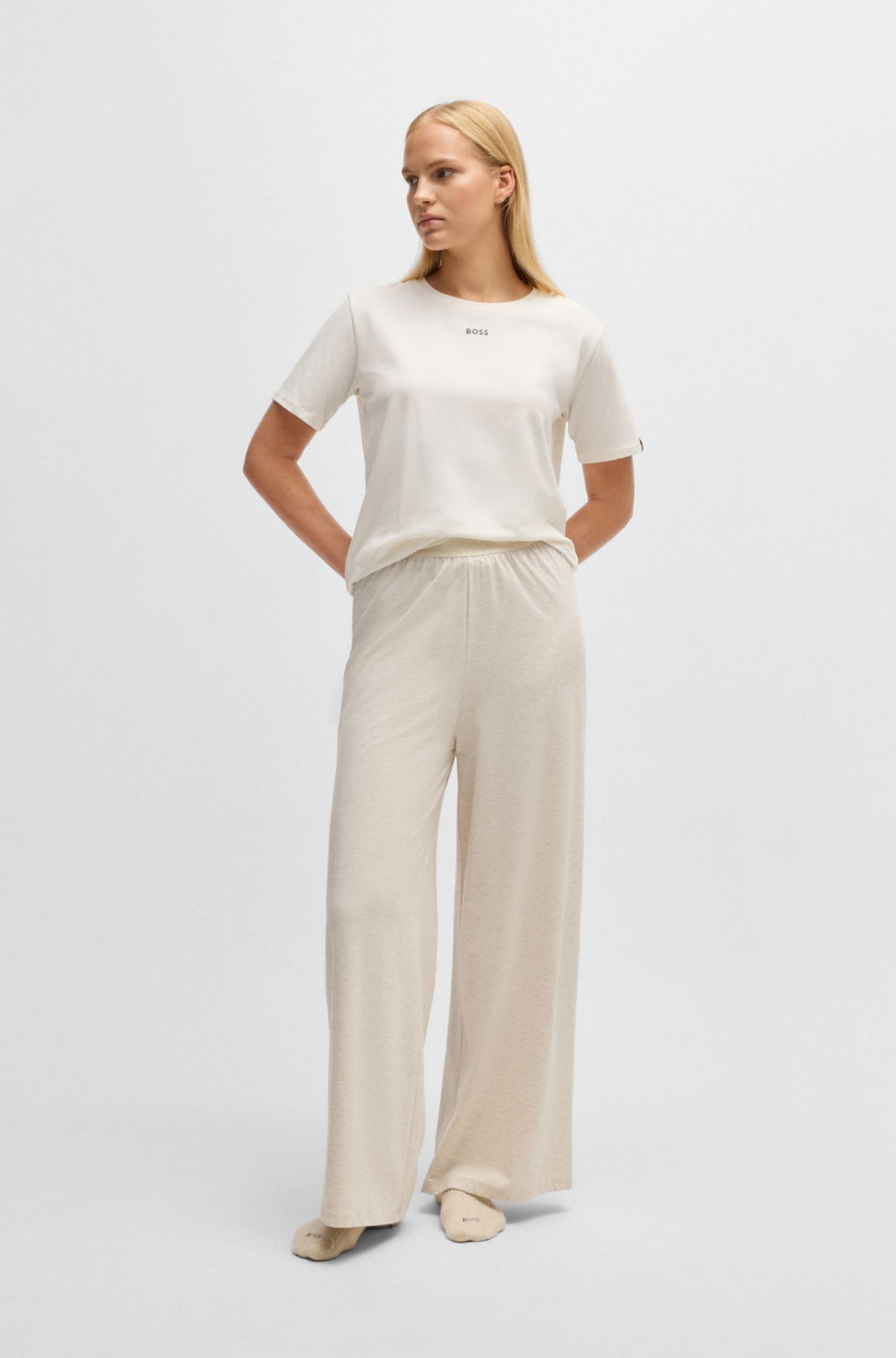 Stretch-cotton pyjama T-shirt with logo detail, Natural