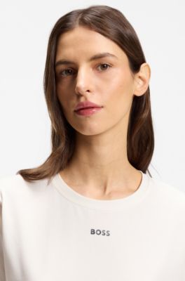 Stretch-cotton pyjama T-shirt with logo print, Natural
