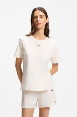 Stretch-cotton pyjama T-shirt with logo print, Natural
