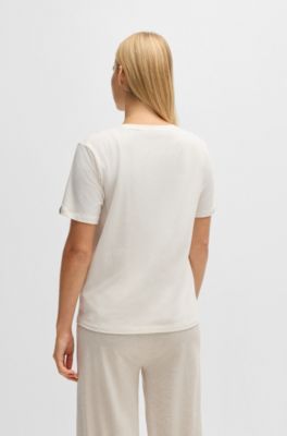 Stretch-cotton pyjama T-shirt with logo detail, Natural