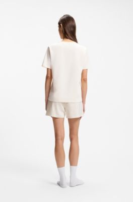 Stretch-cotton pyjama T-shirt with logo print, Natural