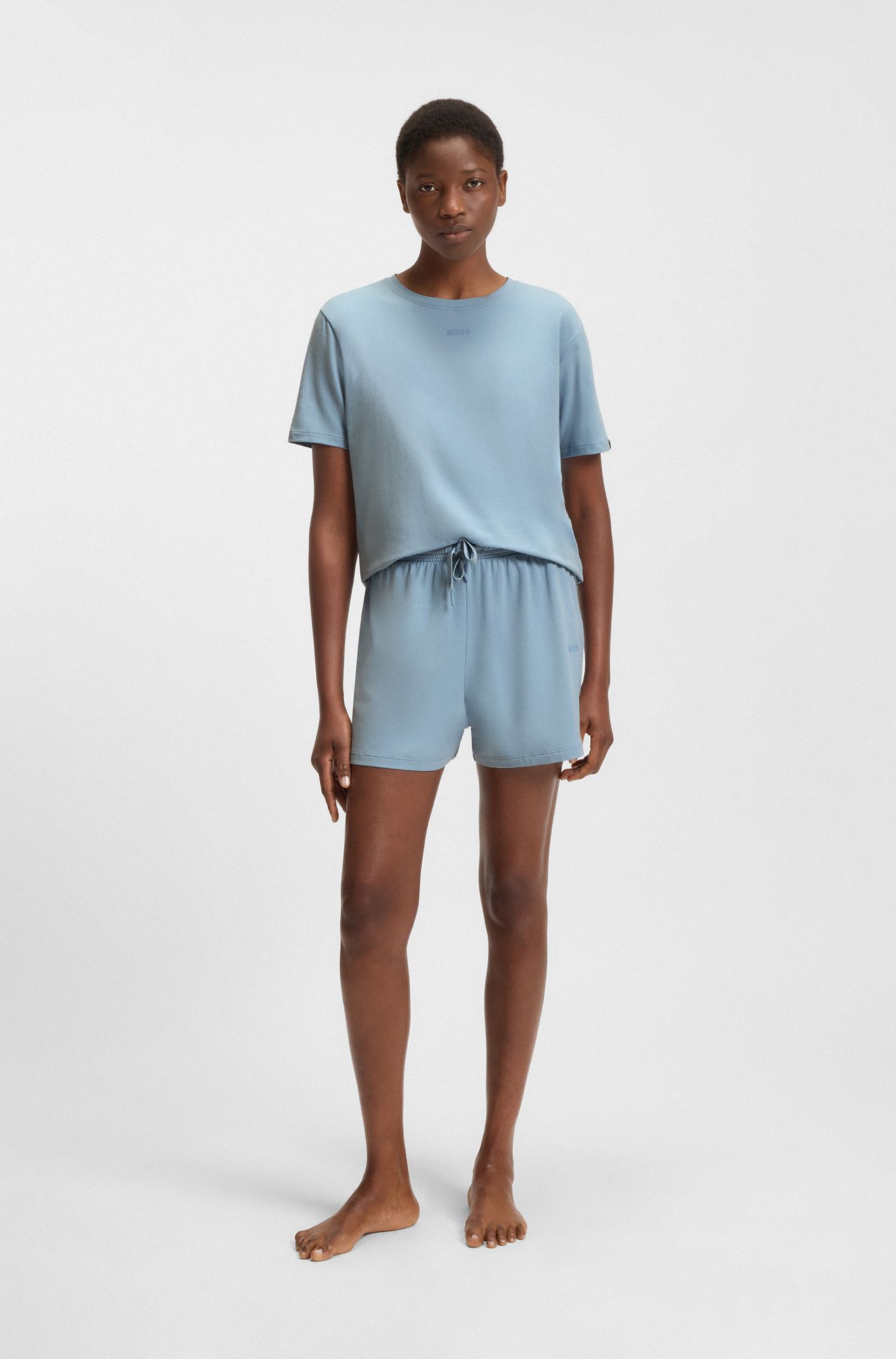 Stretch-cotton pyjama T-shirt with logo detail, Light Blue