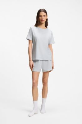 Stretch-cotton pyjama T-shirt with logo print, Light Blue