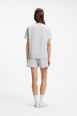 Stretch-cotton pyjama T-shirt with logo print, Light Blue