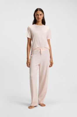 Stretch-cotton pyjama T-shirt with logo print, light pink