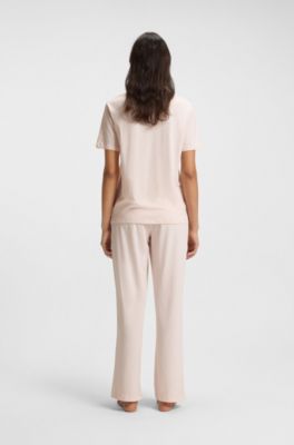 Stretch-cotton pyjama T-shirt with logo print, light pink