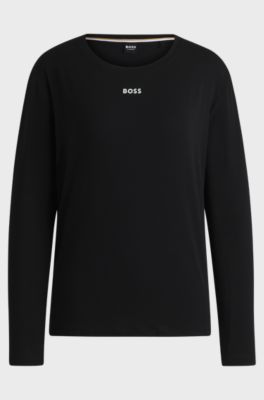 Stretch-cotton pyjama T-shirt with logo print, Black