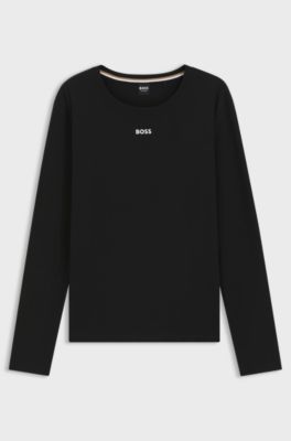 Stretch-cotton pyjama top with logo print, Black