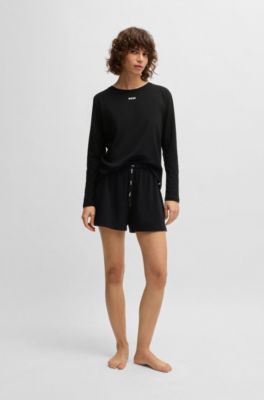 Stretch-cotton pyjama T-shirt with logo print, Black