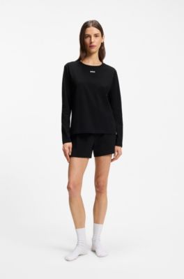 Stretch-cotton pyjama top with logo print, Black