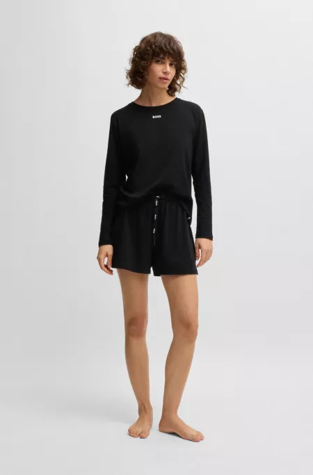 Stretch-cotton pyjama T-shirt with logo print