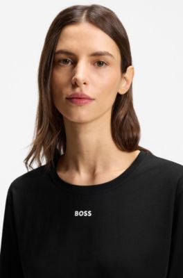 Stretch-cotton pyjama top with logo print, Black