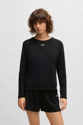 Stretch-cotton pyjama T-shirt with logo print, Black